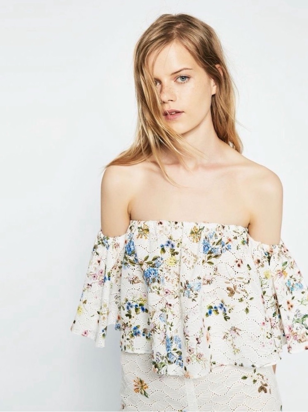 Zara Cream Eyelet Floral Off-Shoulder Blouse